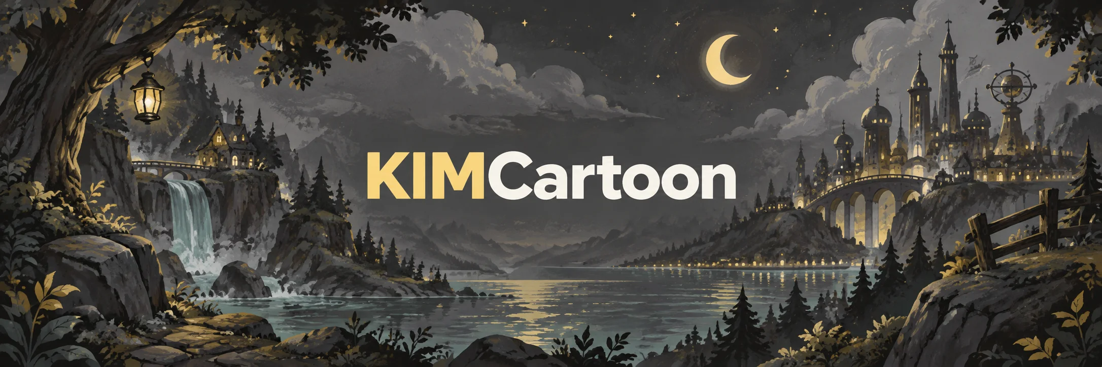 KIMCartoon yellow and white wordmark above an illustrated moonlit castle and waterfall